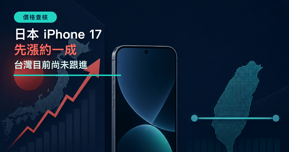 以日本價格上升、台灣價格維持及手機檢測工具呈現 iPhone 17 價格查核的原創資訊圖