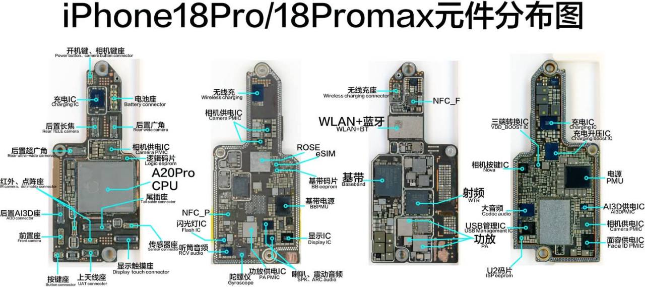 使用者提供的 iPhone 18 Pro 與 Pro Max 主機板元件分布示意圖